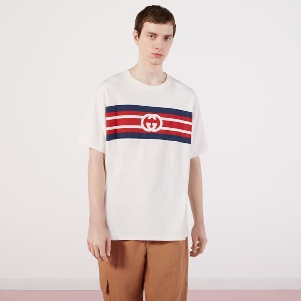 GUCCI AUTHENTIC INTERLOCKING G STRIPE PRINT T-SHIRT